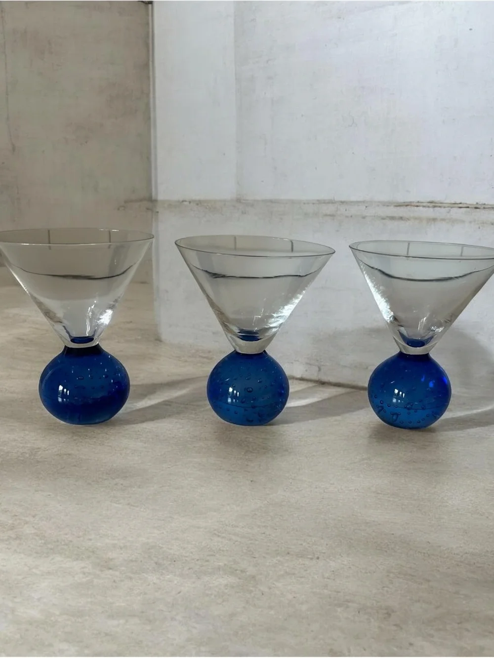Set of Three Bubble-Base Martini Glasses in Cobalt Blue